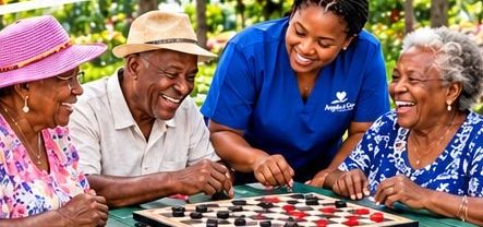 Seniors playing draughts with an Angels of Care nurse
