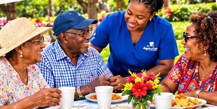 Friends sharing a meal at a garden table with a nurse