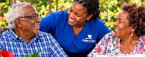 A nurse laughing with two seniors