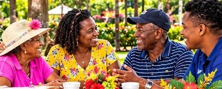 Friends chatting around a table with flowers